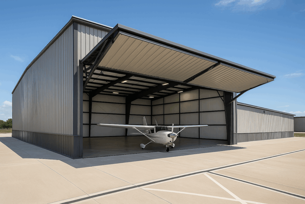 Hydraulic hangar doors opening on modern aircraft hangar with reinforced concrete apron and aviation facility design