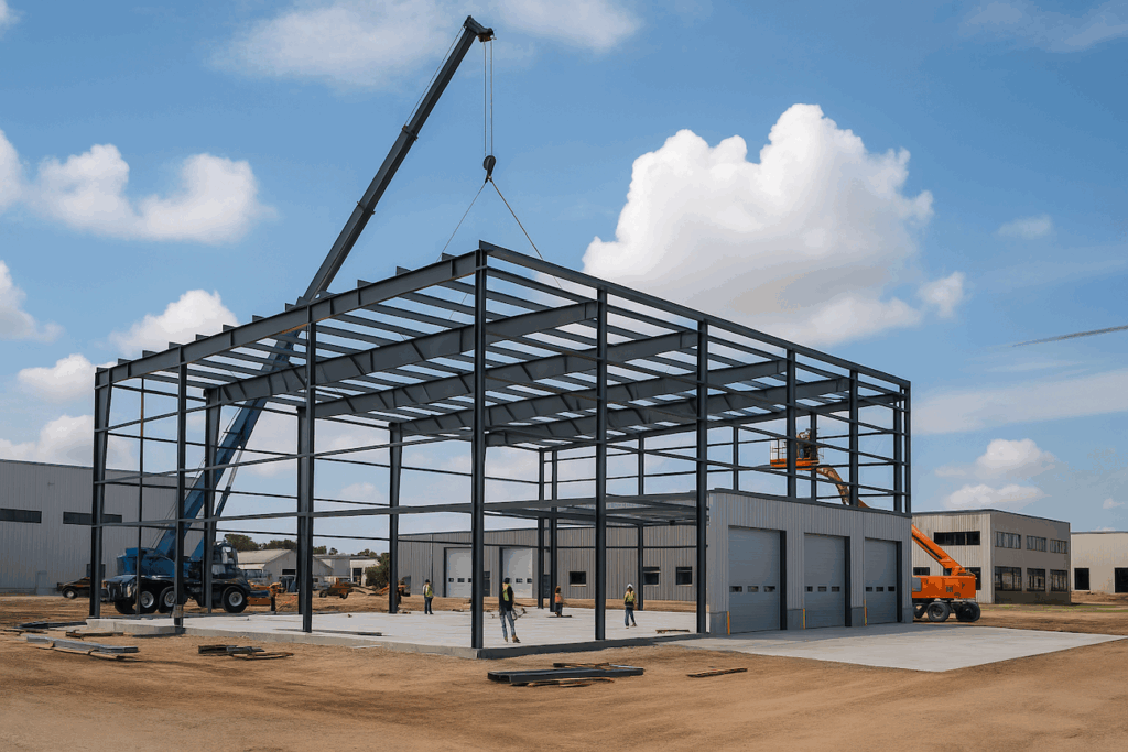 Construction of pre-engineered industrial metal building with steel framework assembly, demonstrating fast construction timeline for manufacturing facilities