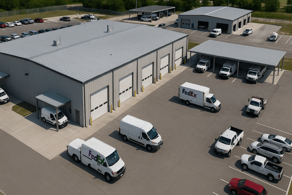 Exterior view of vehicle fleet maintenance facilities complex with multiple service bays, covered staging areas, and organized fleet vehicle parking