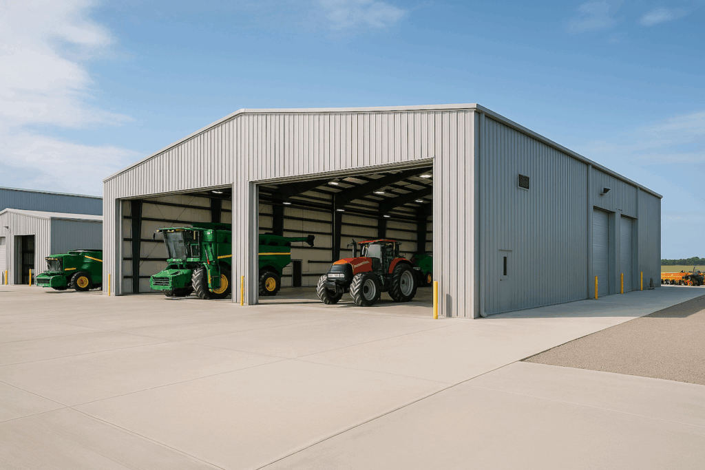 Agricultural equipment manufacturers facility with oversized doors, drive-through bays, and outdoor staging areas for large farm machinery