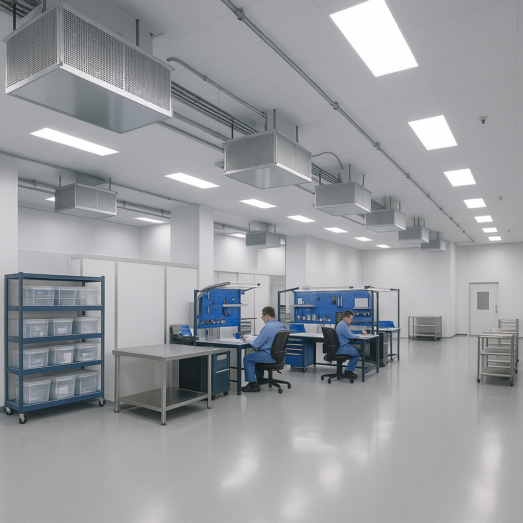 Clean tech assembly environment in light industrial operations facility showing modular partitions and environmental control systems