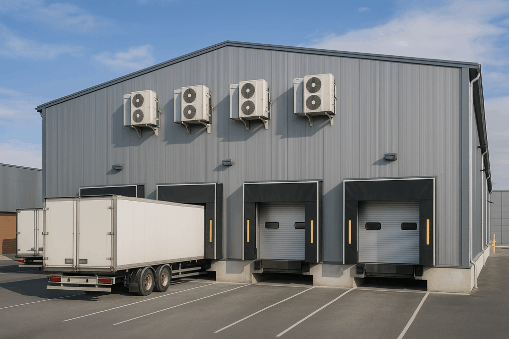 Exterior of cold storage operations facility showing insulated panels, refrigeration systems, and specialized loading docks for temperature control