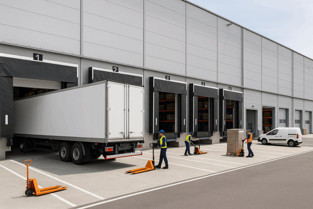 Loading dock area of warehousing and logistics operations facility showing cross-docking design with separated receiving and shipping zones