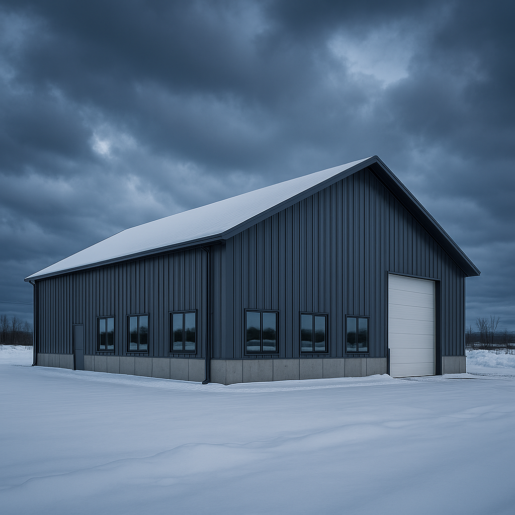 Modern steel building in winter with snow-covered ground, showing proper roof pitch design that sheds snow effectively without ice dam formation, demonstrating cold weather steel building engineering principles