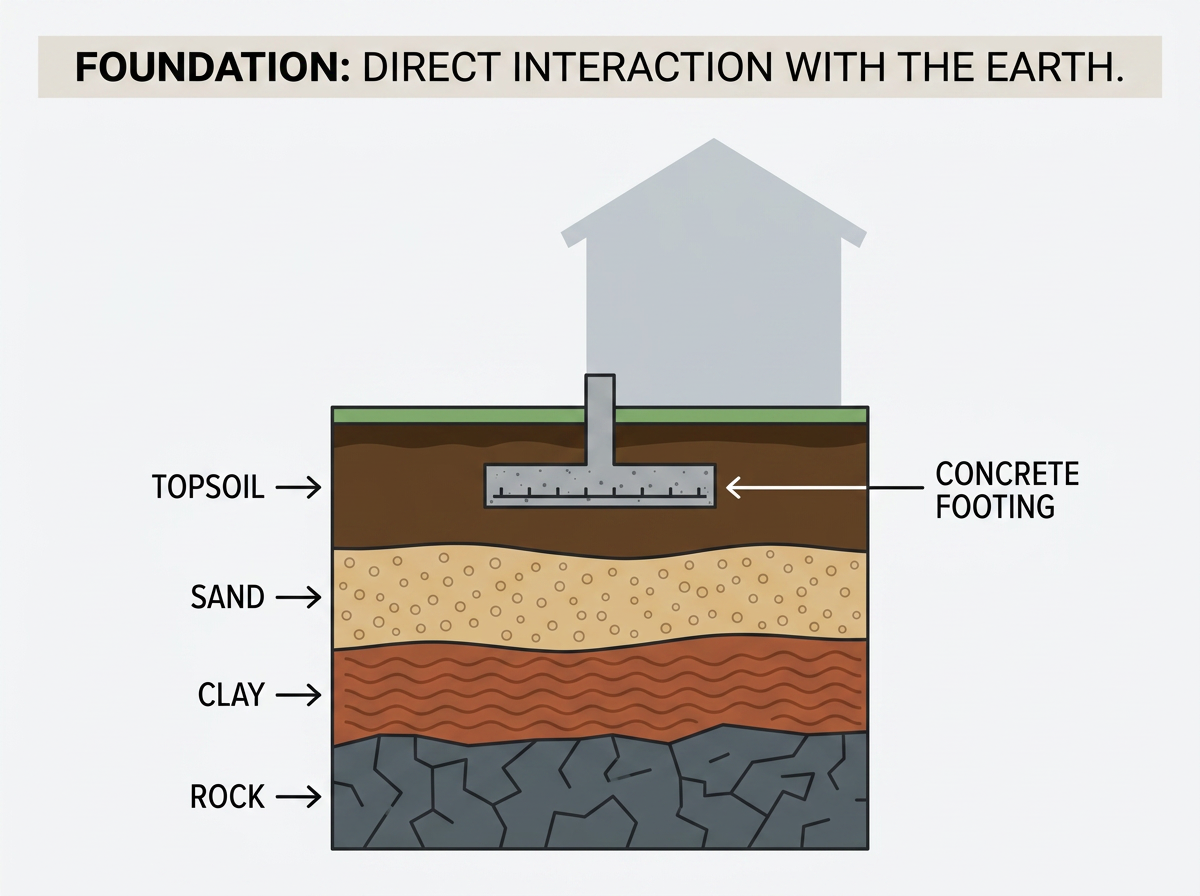 A stylized cross-section of earth showing different soil layers (e.g., sand, clay, rock) with varying textures and colors, an