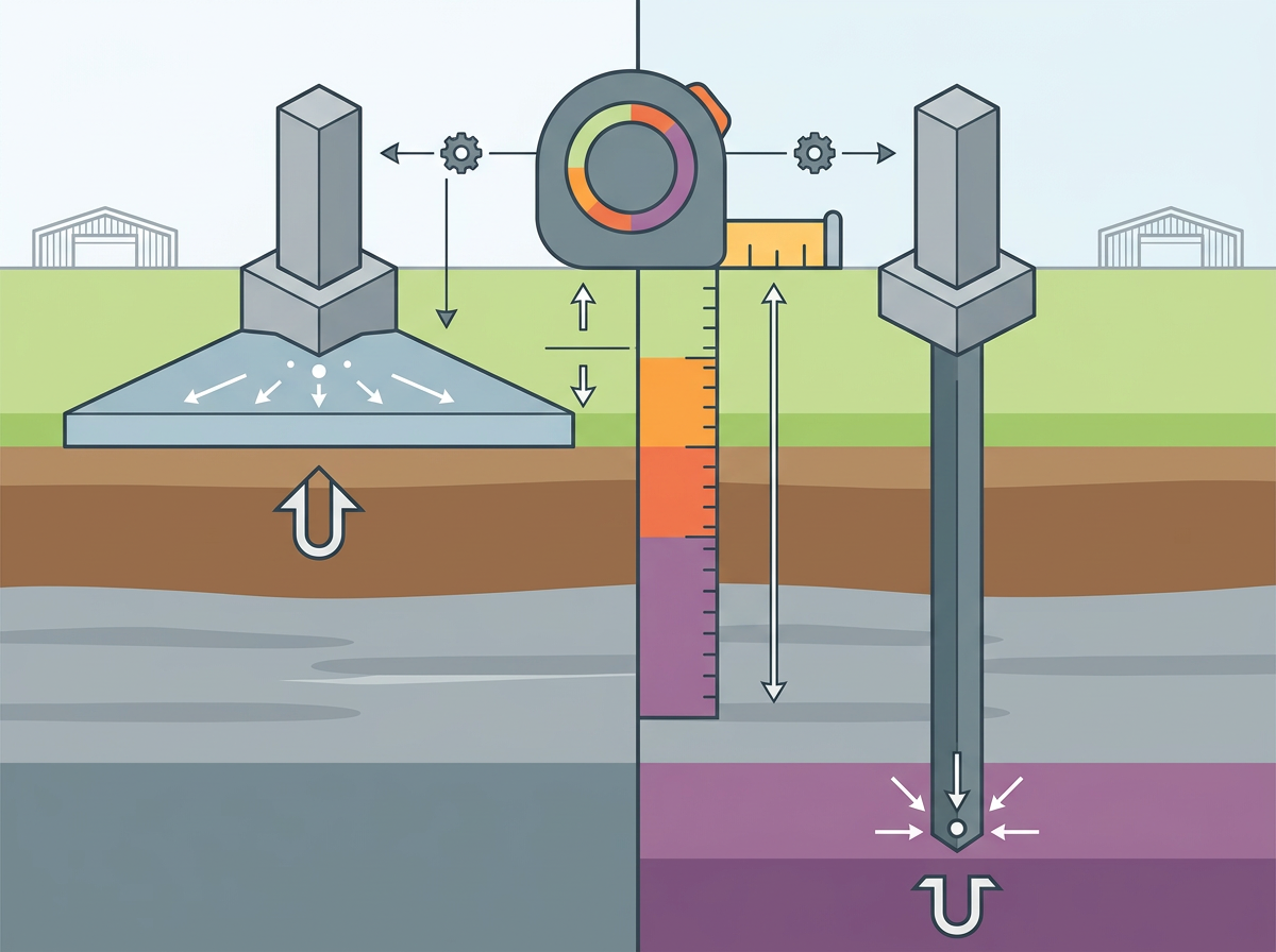 A cross-section diagram showing two distinct foundation types: one with a wide, flat base resting just below the ground line
