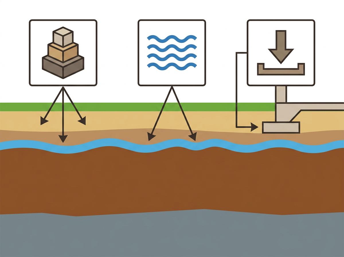 A cross-section of ground showing multiple distinct soil layers, with a water table indicated by a wavy blue layer. Above the