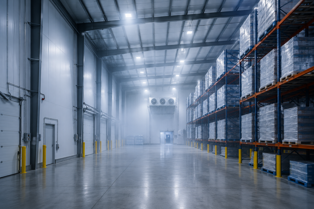 Insulated cold-storage interior with steel framing and pallet racking