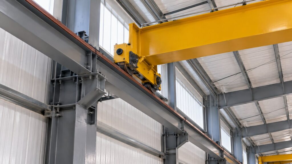 Overhead crane runway beam on bolted brackets along steel building columns