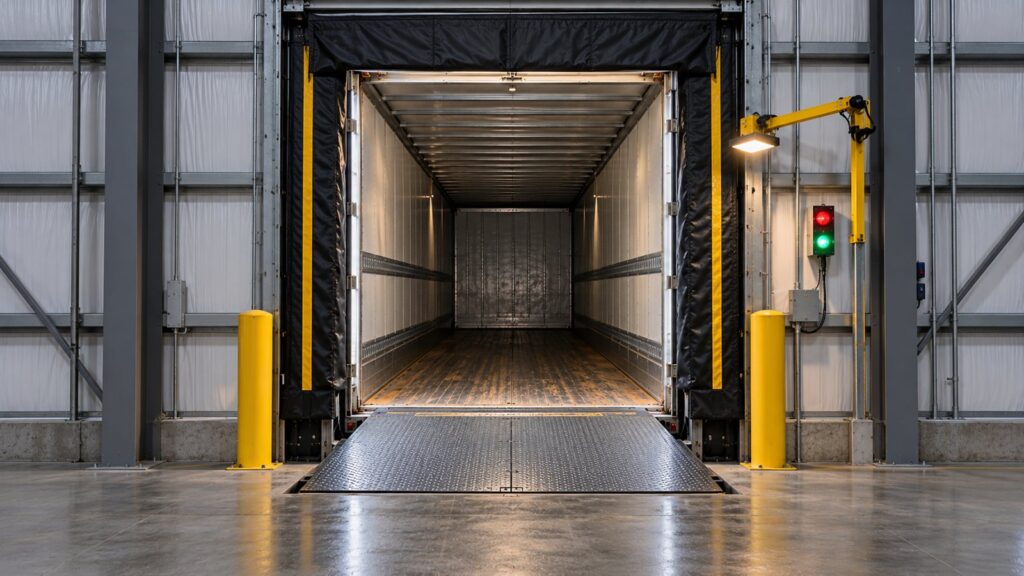 Hydraulic dock leveler bridging a steel warehouse floor into a backed-in trailer, framed by a dock seal