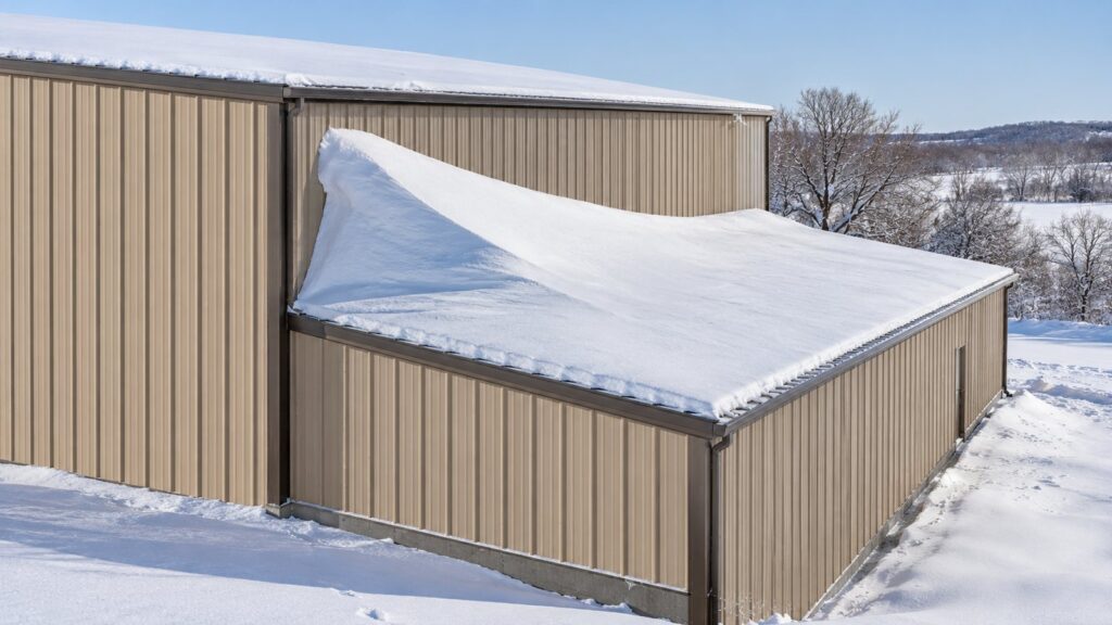 Snow drift piled on a lower lean-to roof against the taller wall of a steel building
