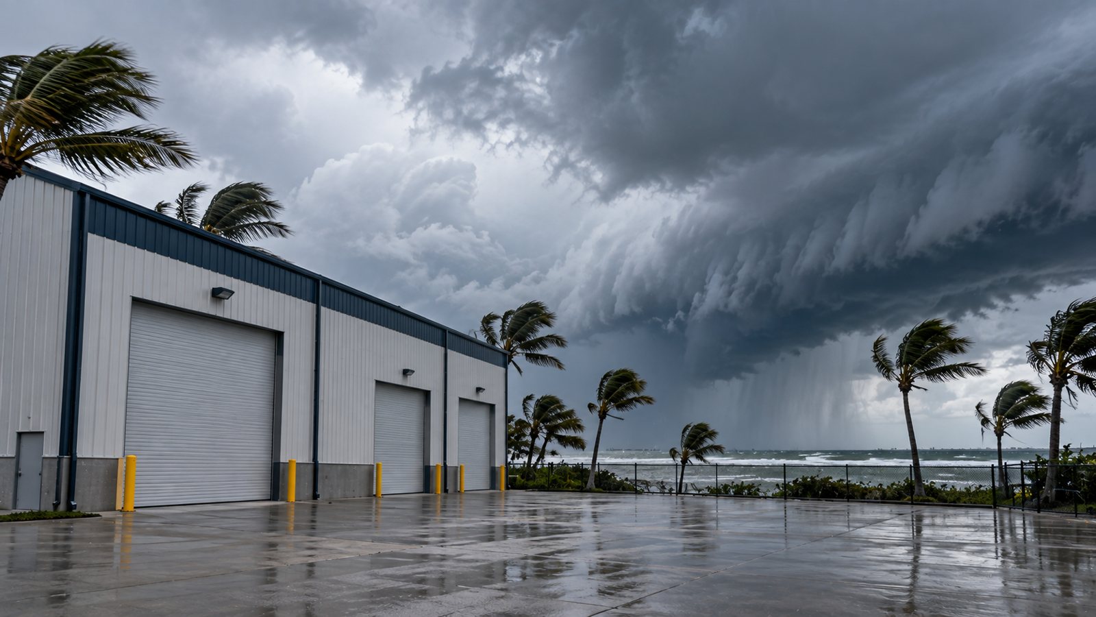 Steel building with closed roll-up doors on the Florida coast as hurricane clouds and wind move in