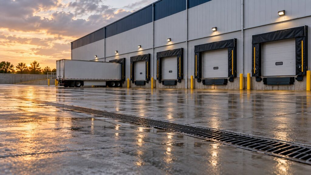 Concrete truck court sloping toward warehouse dock doors with a trench drain across the apron