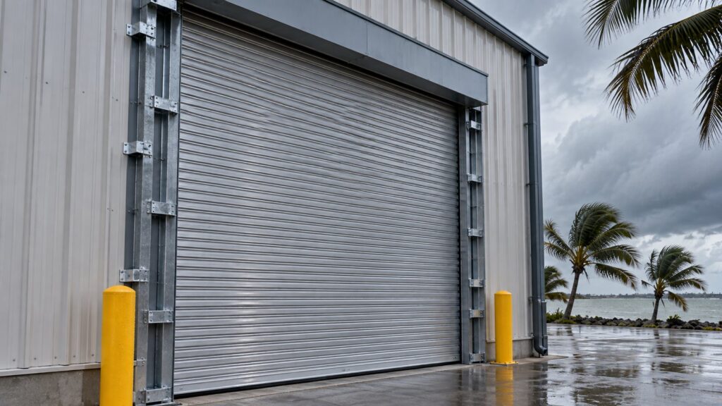 Closed steel roll-up door with wind-lock guides in a framed opening on a coastal steel building