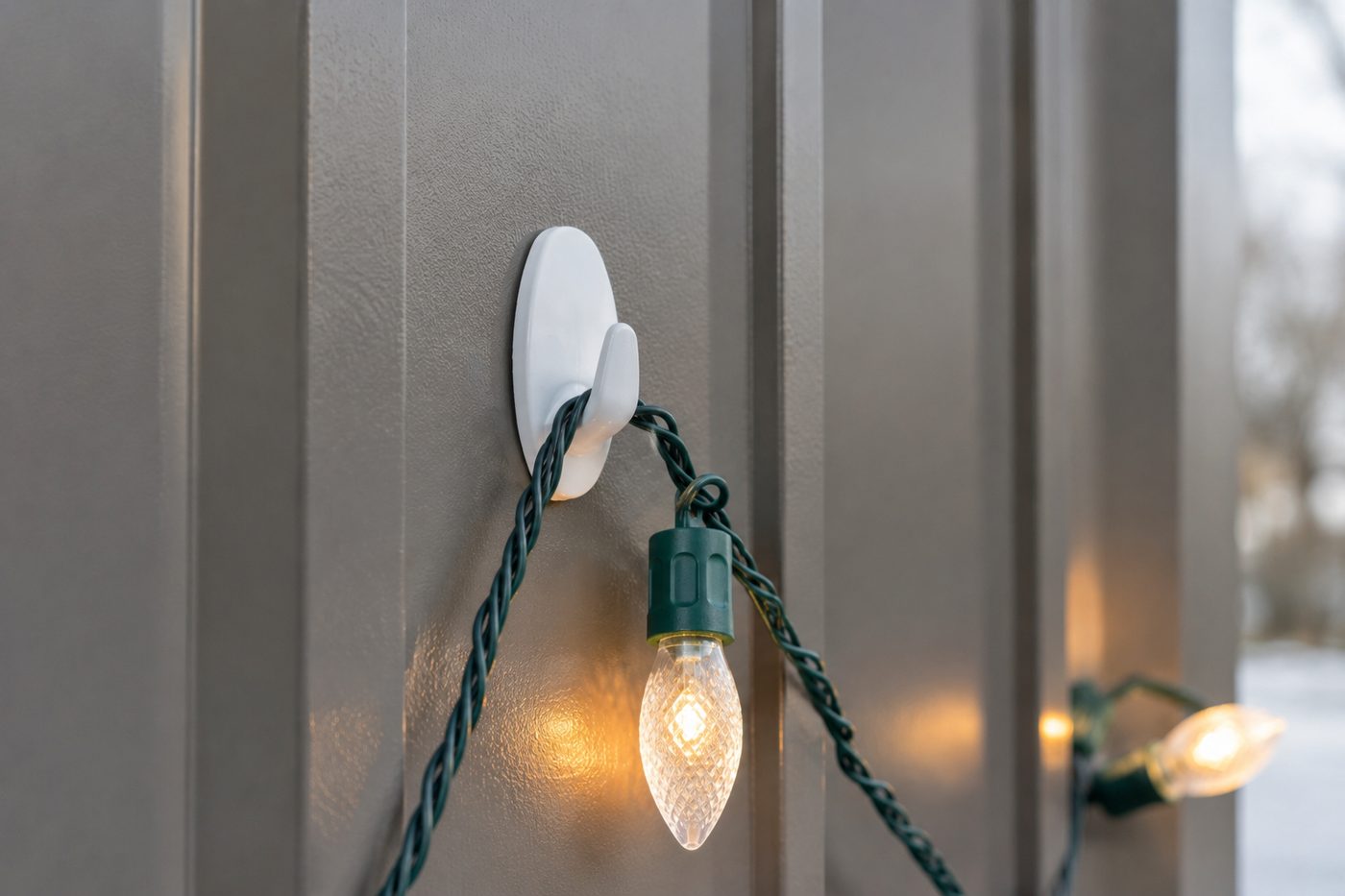 Adhesive hook holding Christmas string lights on a painted steel wall panel