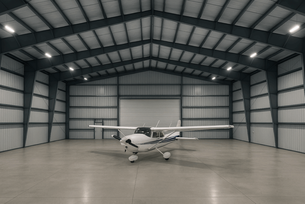 Column-free, clear-span steel building interior with no interior columns