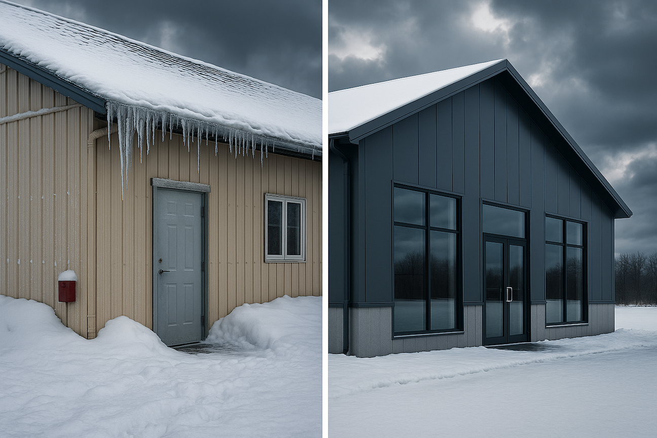 Building winter preparation comparison showing facility with ice dams and drafts versus properly winterized commercial building ready for harsh weather conditions