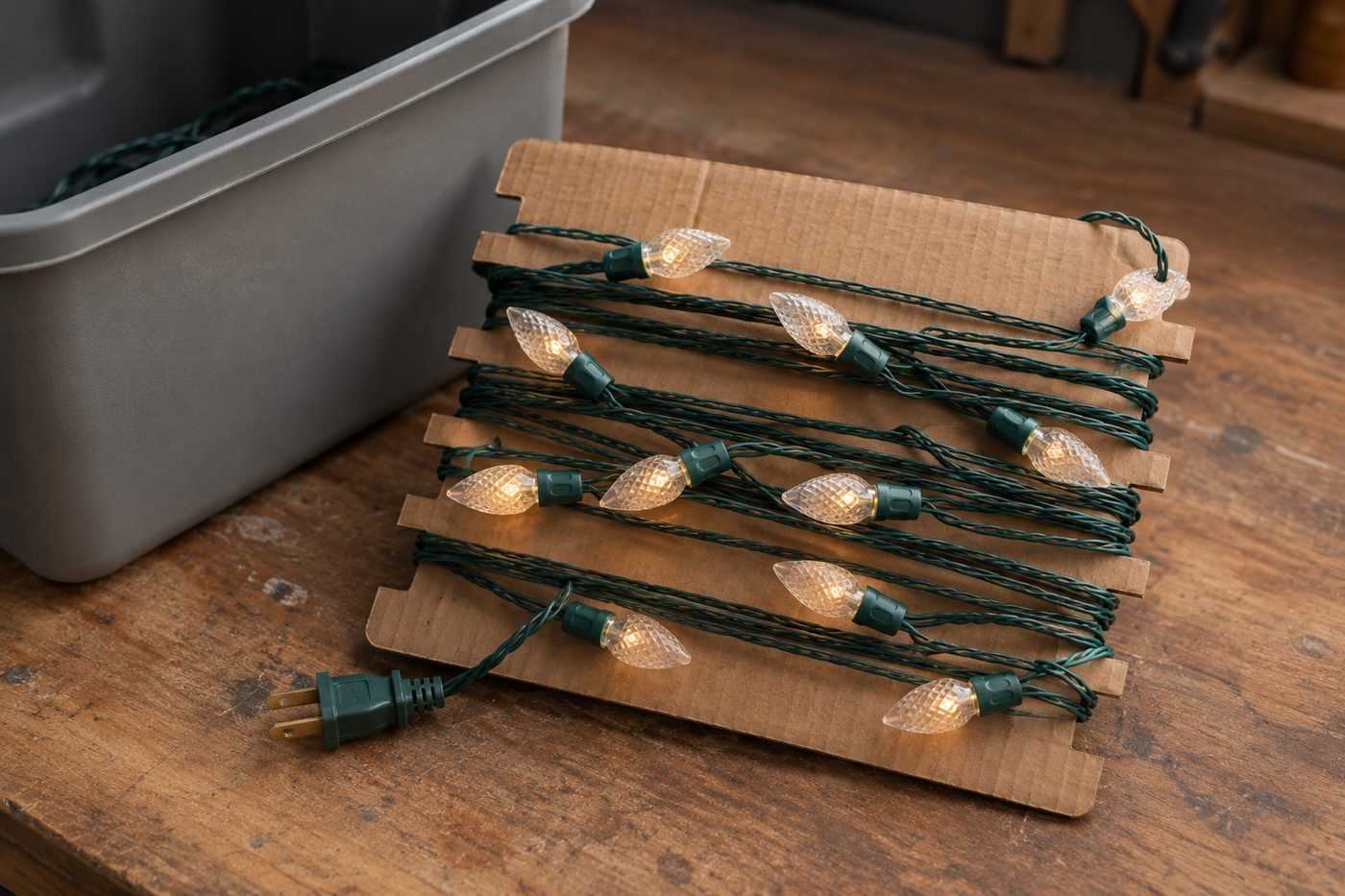Christmas light strands wrapped around cardboard for tangle-free storage on a workbench