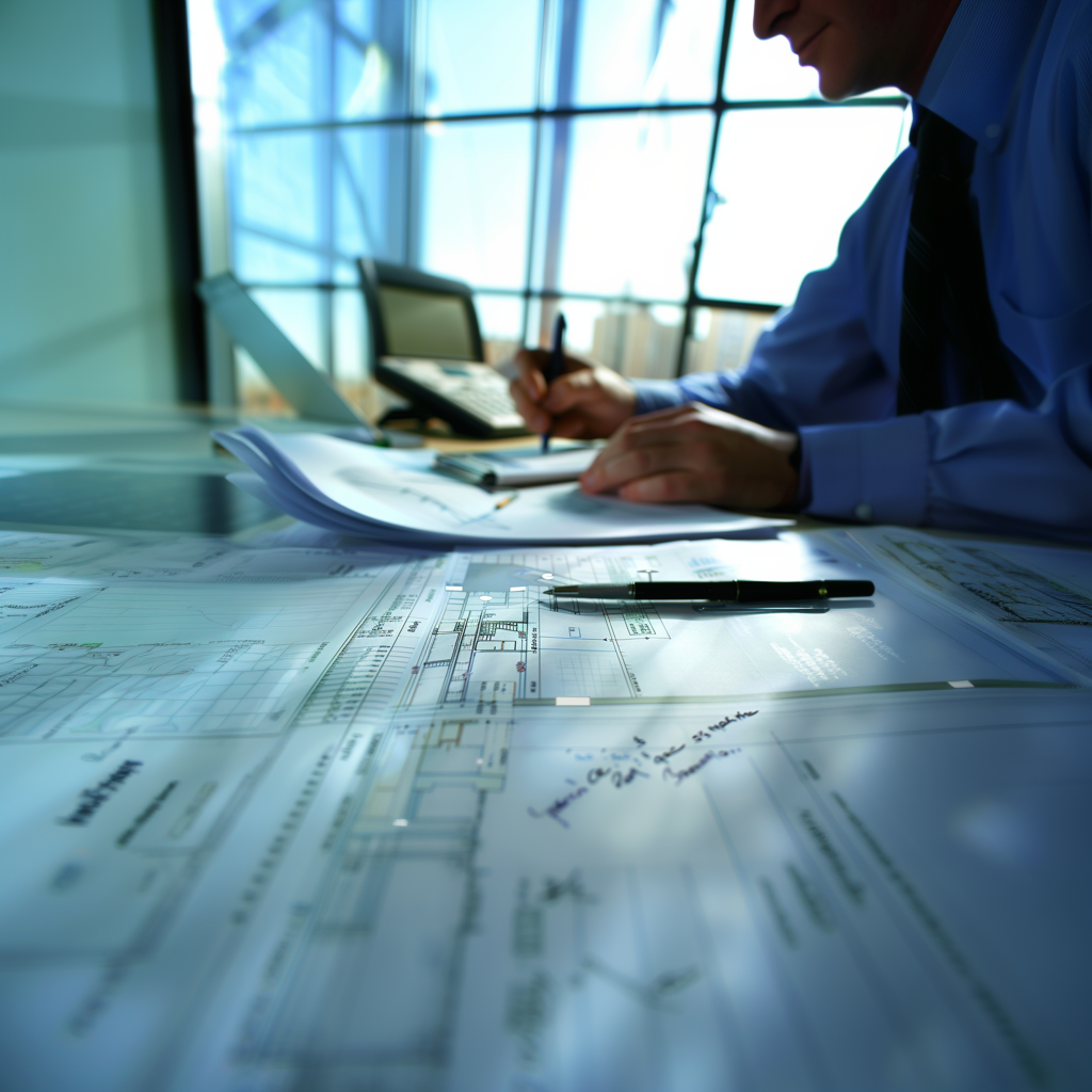 A salesmen sitting at a desk with documents in front of him, holding a pen. He is making calculations.