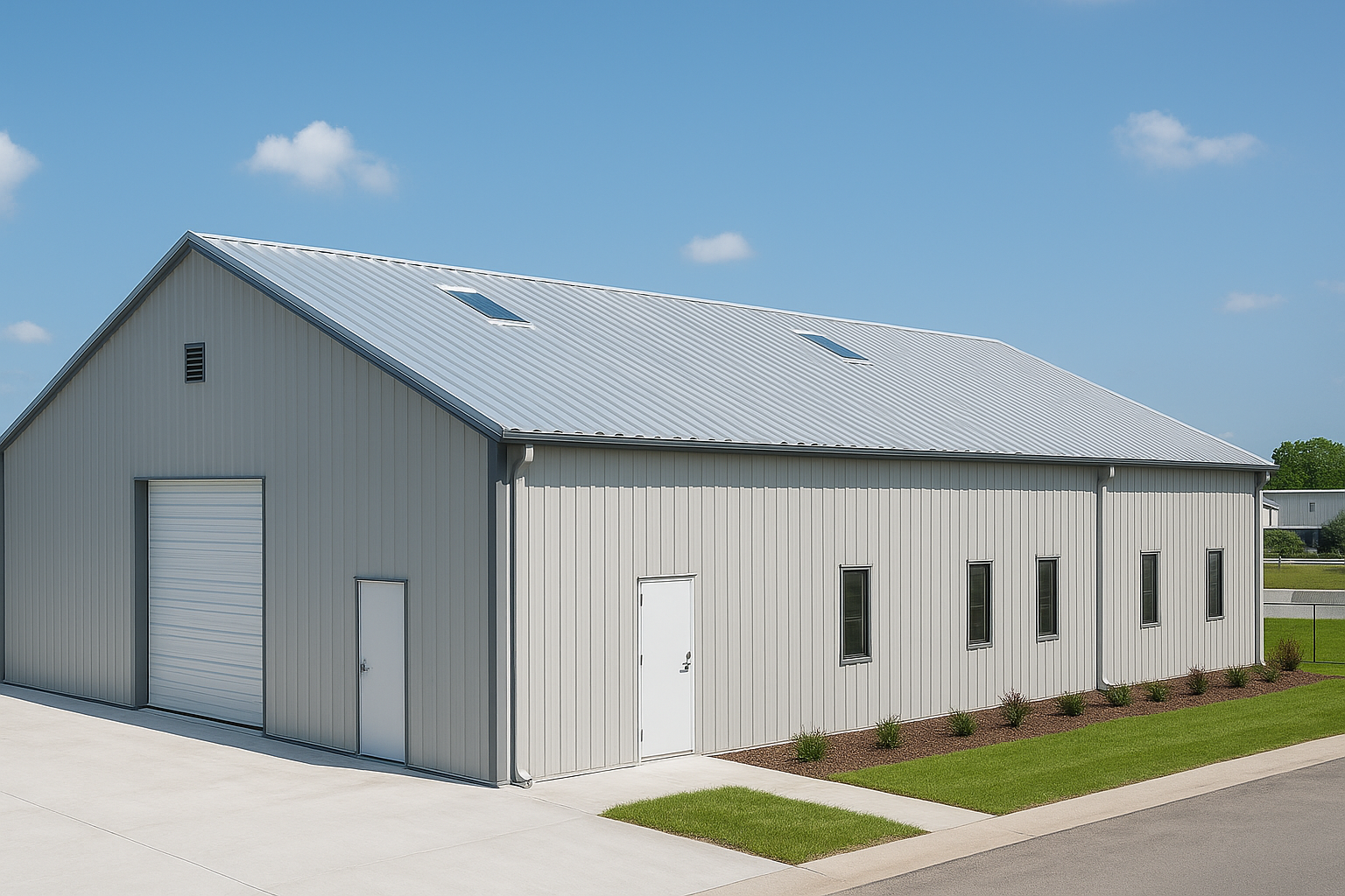 Energy efficient commercial steel building featuring Galvalume+ roofing, insulated walk doors, and natural ventilation design.