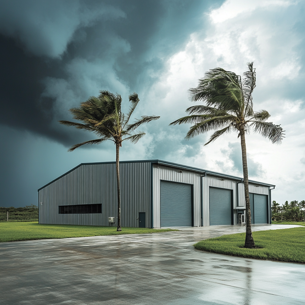 A metal building in Florida in a storm. A commercial metal building, with darkened skies and palm trees sustaining heavy winds. Depicts steel building designs for extreme weather.