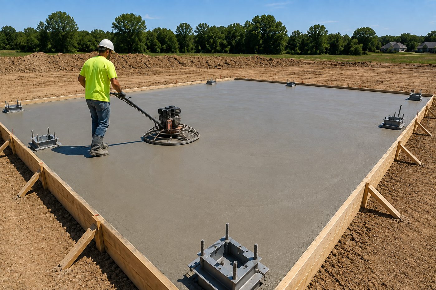 Worker power-troweling a freshly poured concrete slab to a smooth finish