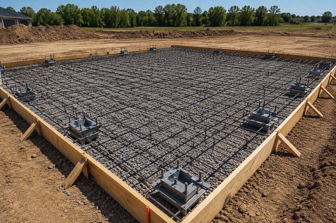 Rebar grid inside slab formwork with steel anchor bolt templates along the edges