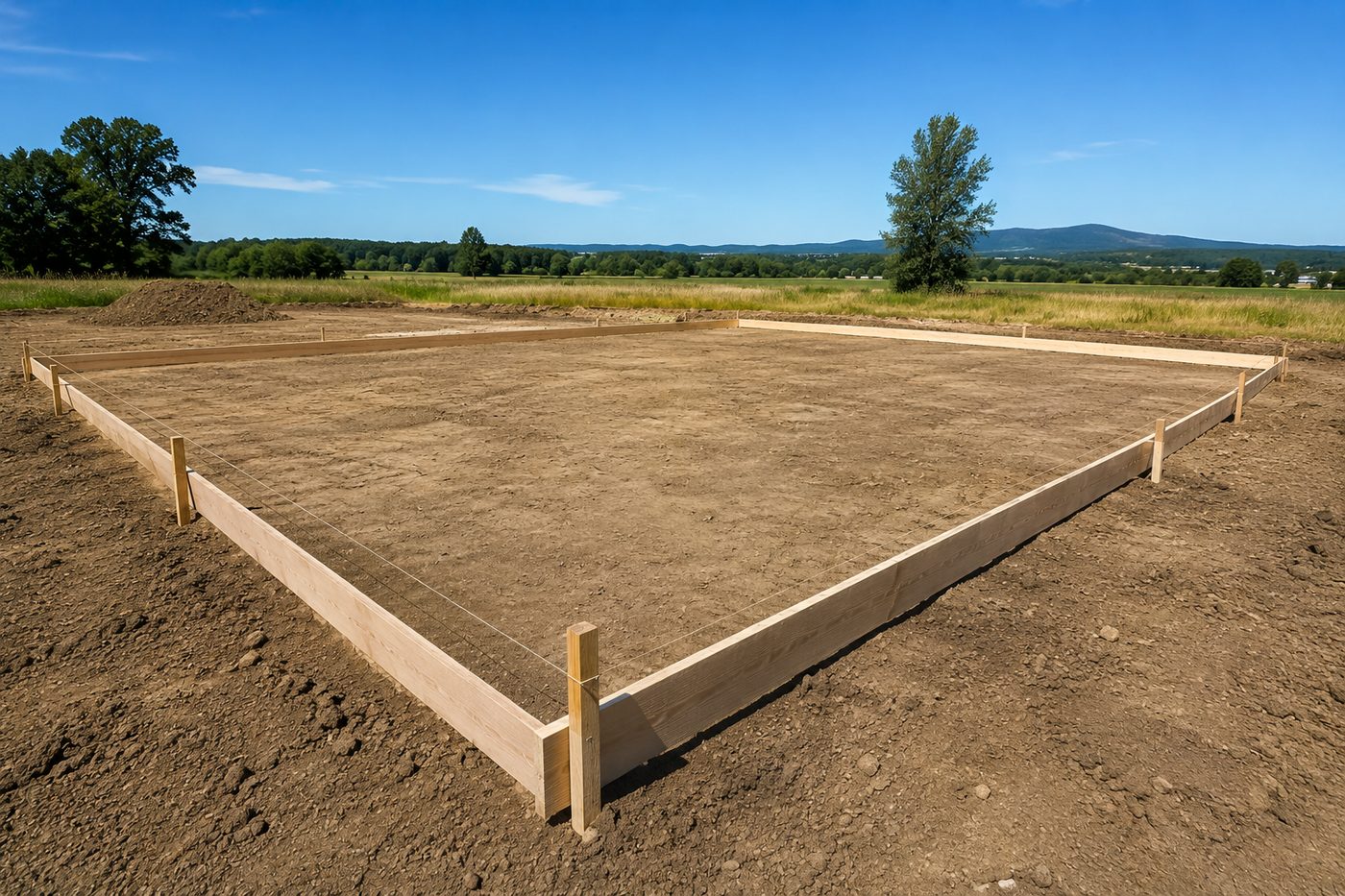 Graded dirt building pad with wooden concrete formwork and string lines staked for a slab foundation