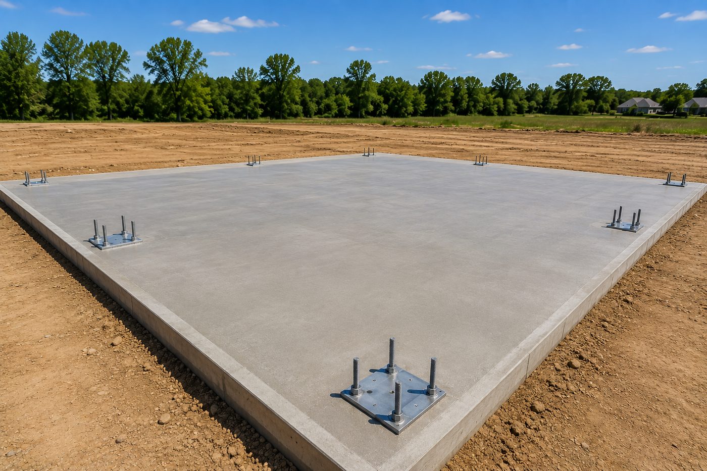 Finished cured concrete slab with anchor bolts ready for steel column erection