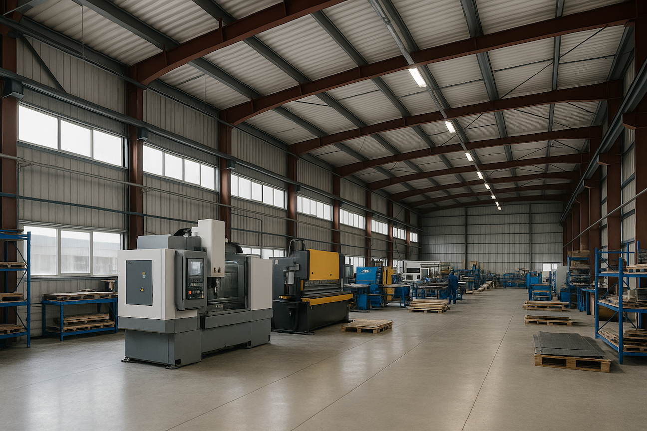 Modern industrial metal building with large door opening