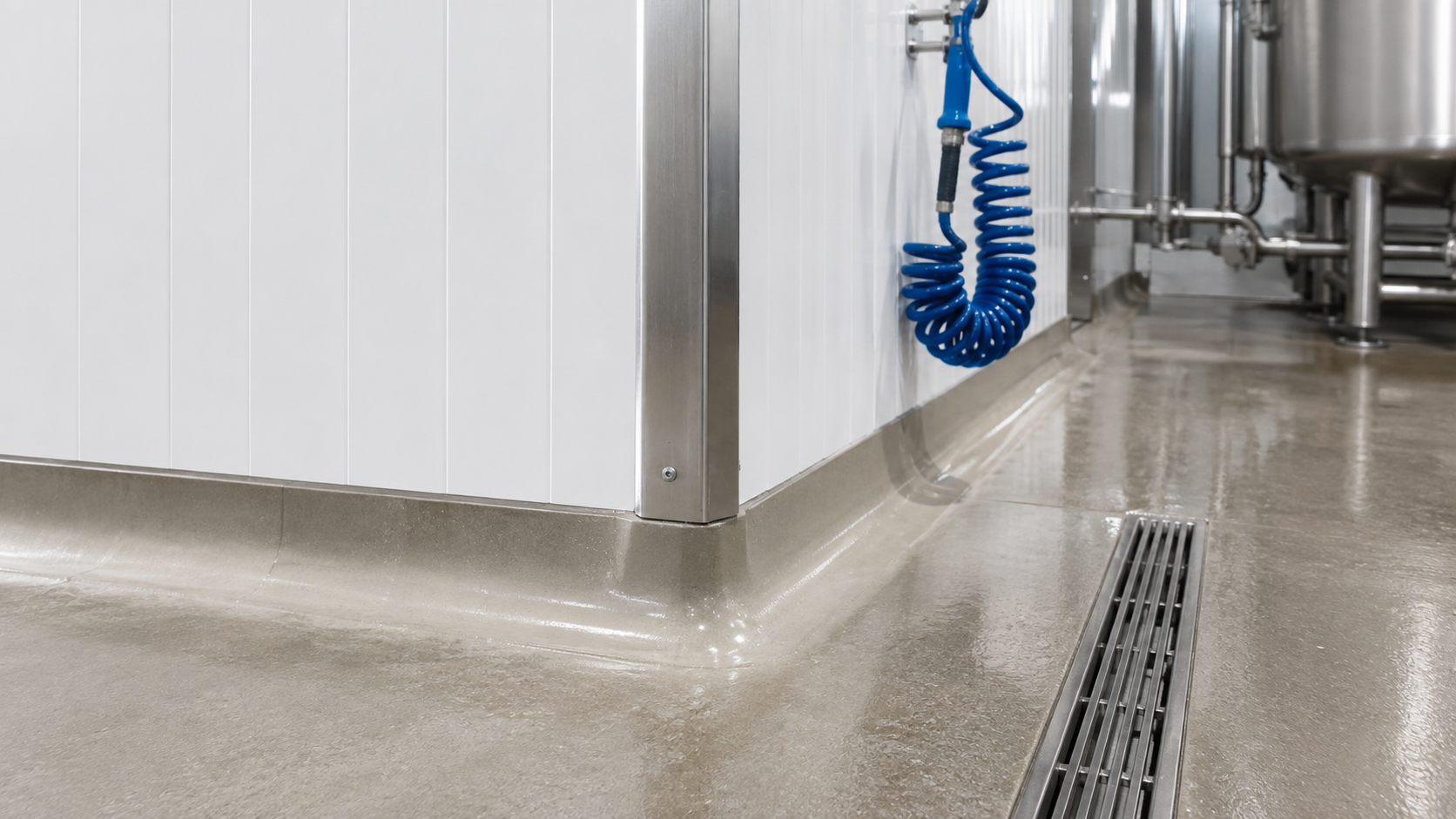 Coved corner where a washable insulated wall panel meets a sloped concrete floor with a stainless floor drain in a food processing facility