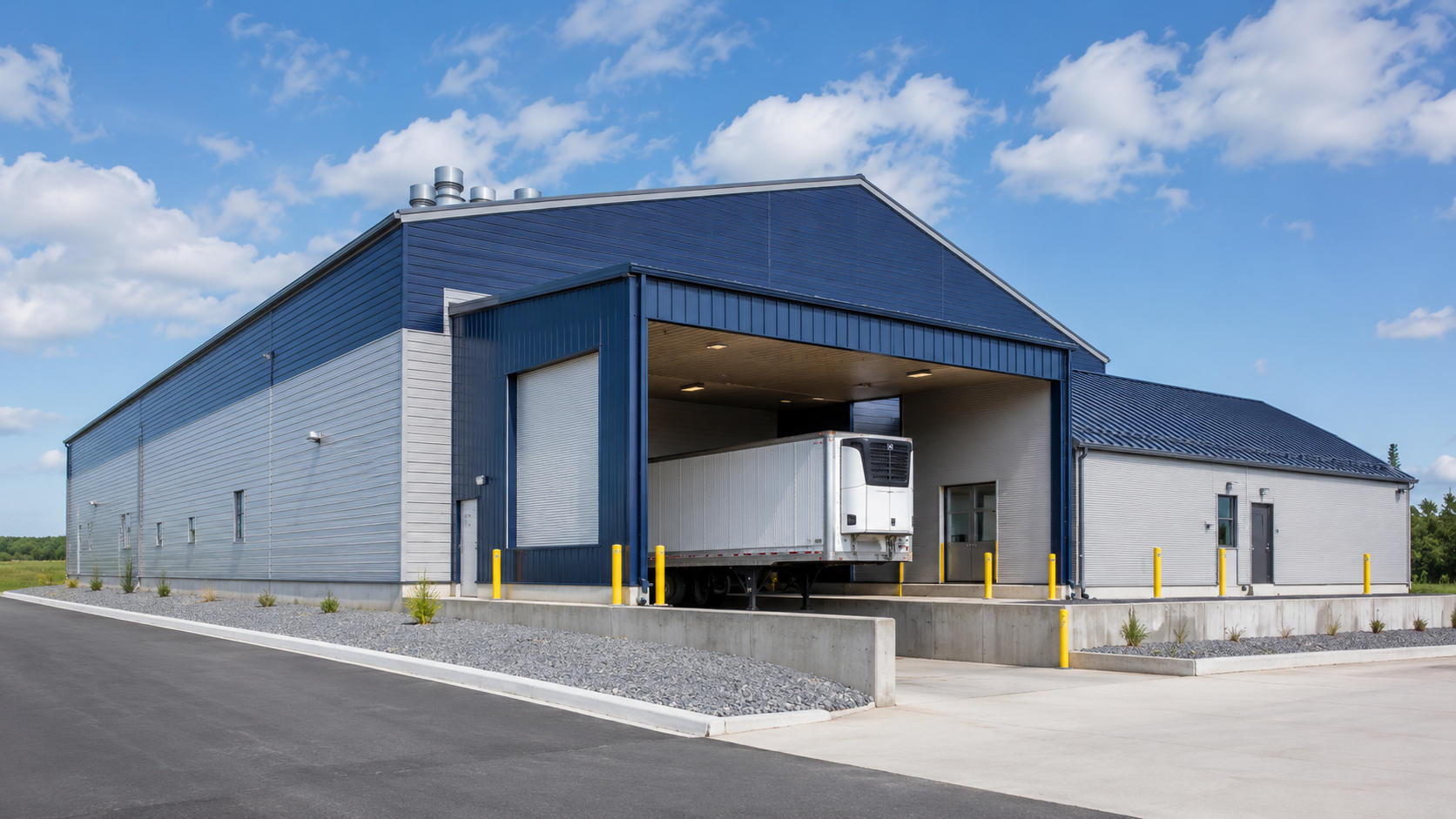 Exterior of a navy and gray steel food processing facility with an enclosed refrigerated loading dock