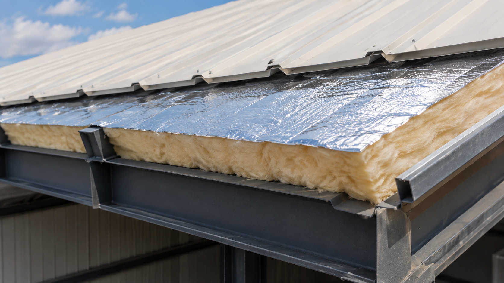 Cutaway of a metal building roof assembly showing a reflective radiant-barrier foil layer over fiberglass insulation on steel purlins