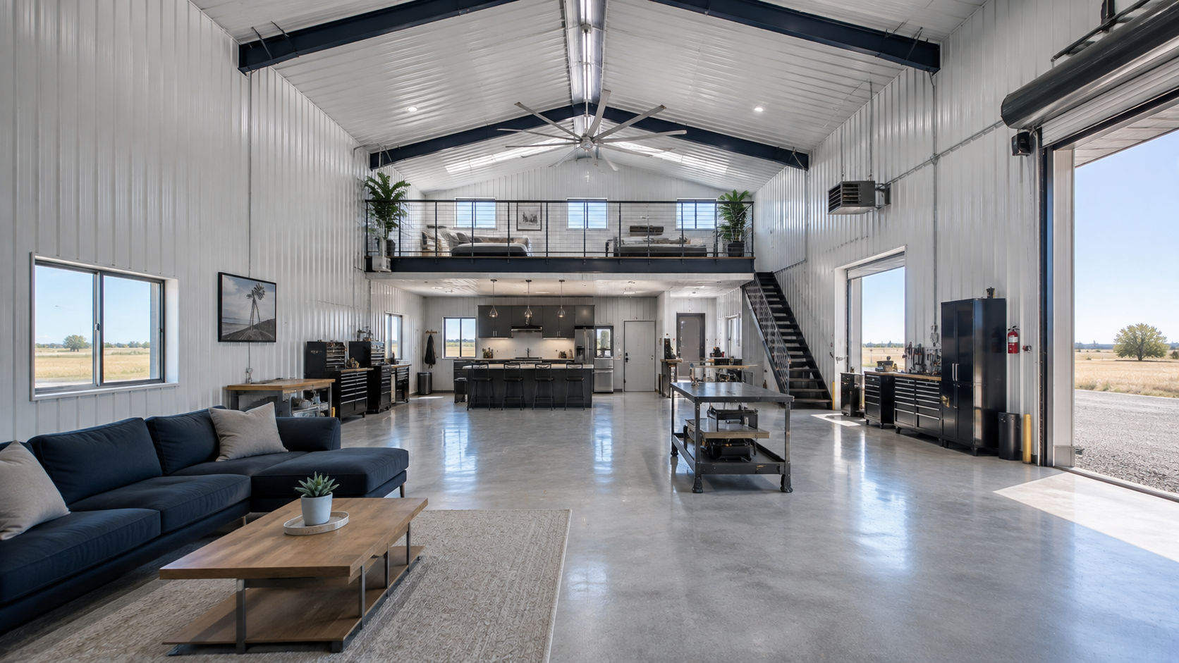 Cool, airy insulated steel building interior in a hot climate with overhead airflow and a polished concrete floor