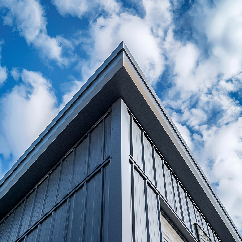 The corner of a metal building leading to the roof, showing the trims