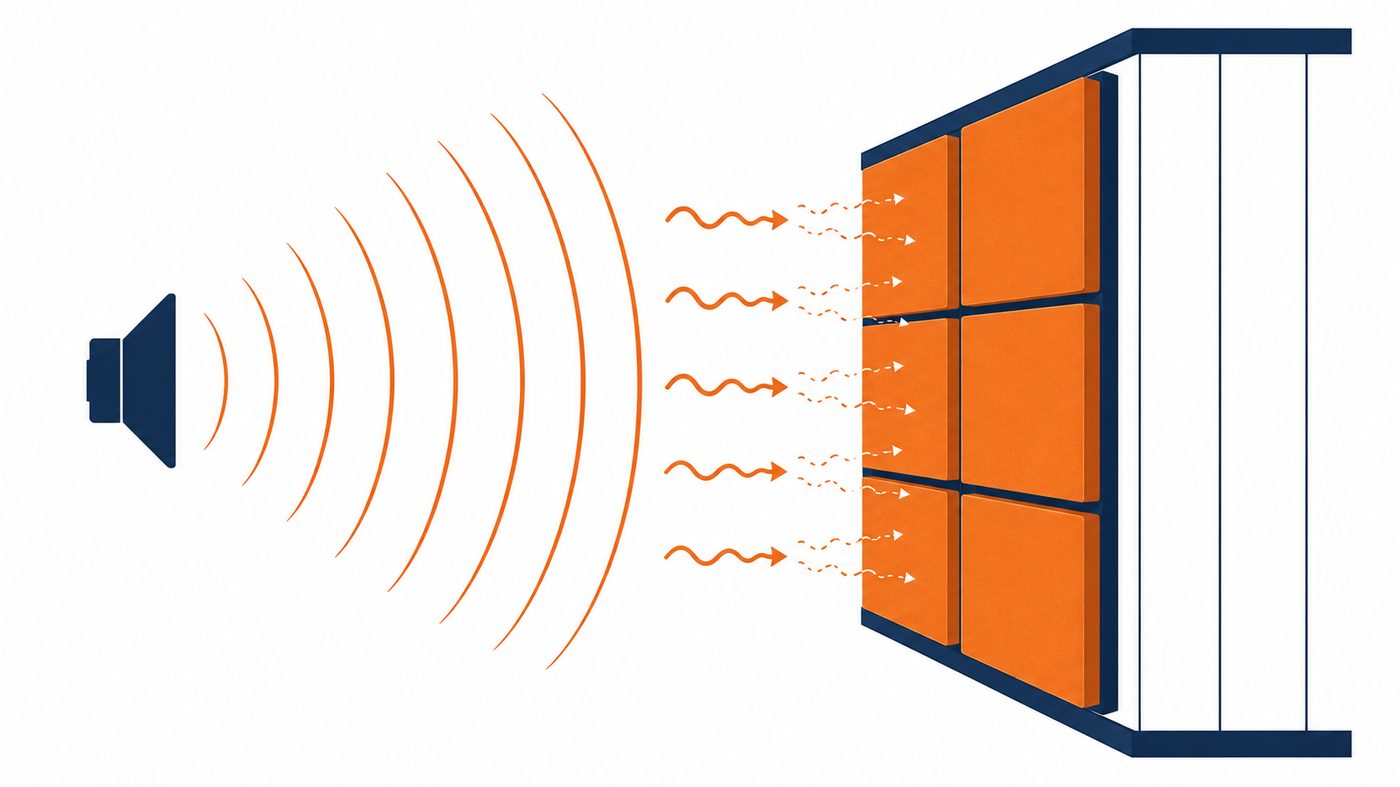 Illustration of sound waves absorbed by acoustic wall panels