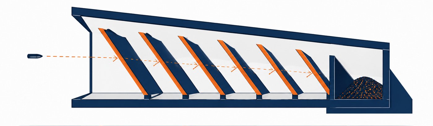 Illustration of a bullet trap with angled steel plates and a collection chamber