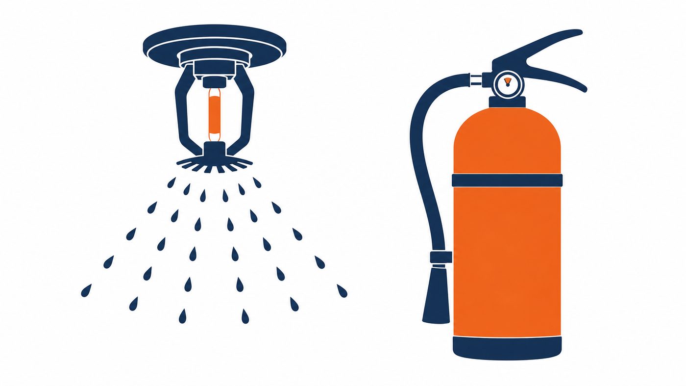 Illustration of a fire sprinkler head and fire extinguisher