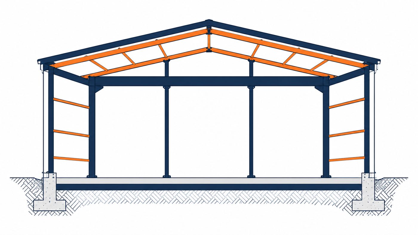 Illustration of a steel building frame cross-section with columns and roof beams