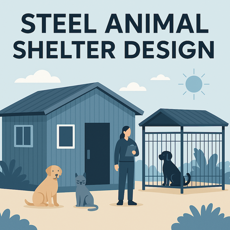 Flat-style digital illustration of a steel animal shelter design, featuring separate kennel zones, proper ventilation, and clear span interiors for efficient layout and animal care.