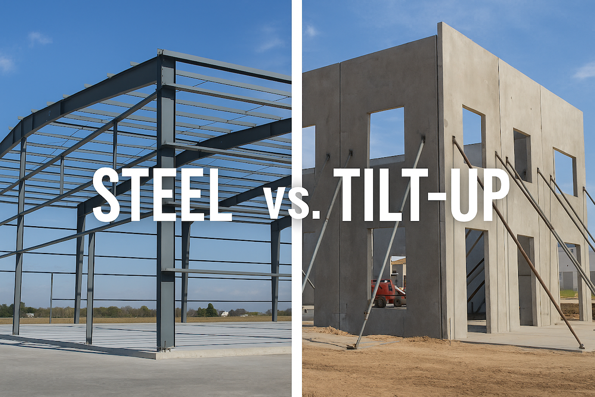 Commercial steel buildings vs tilt-up construction side-by-side comparison showing steel frame assembly and concrete panel installation.