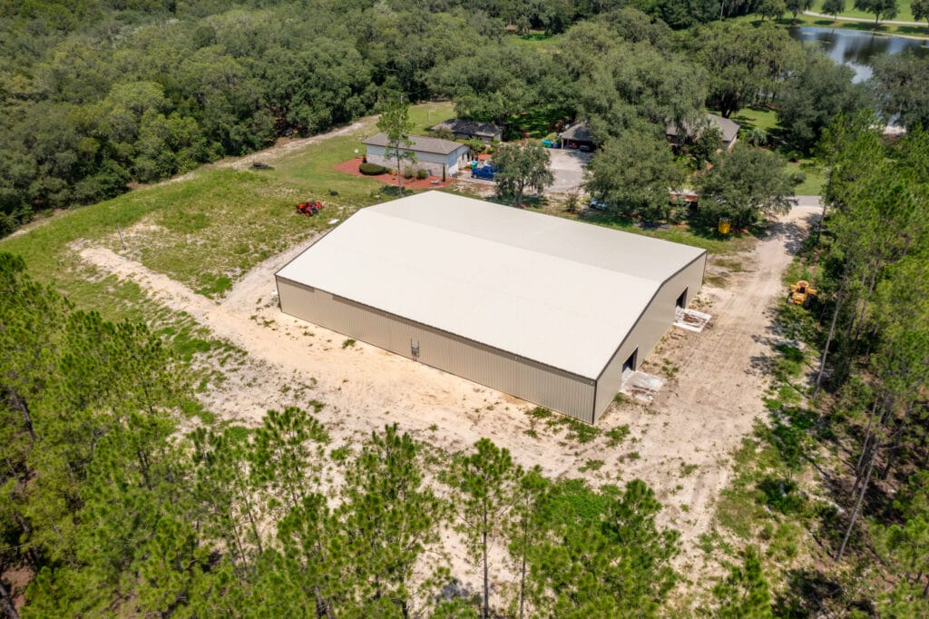 Aerial view of a multi-purpose agricultural steel building